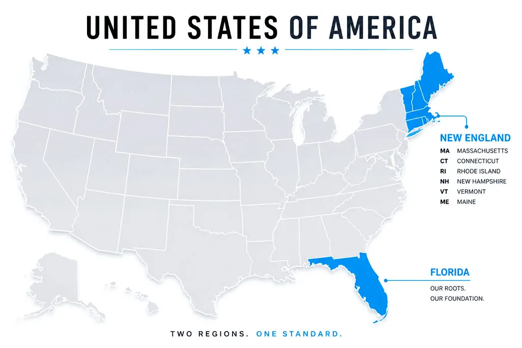 Map of the United States highlighting Florida and the six New England states