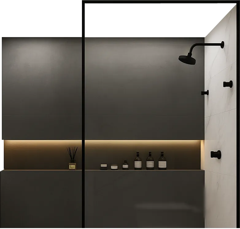 Modern walk-in shower with matte black fixtures